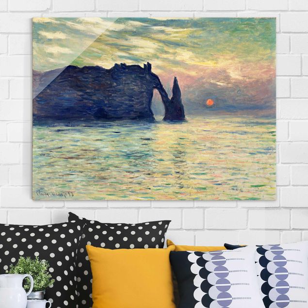 Glas Wandbilder XXL Claude Monet - Felsen Sonnenuntergang