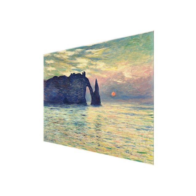 Glas Wandbilder Claude Monet - Felsen Sonnenuntergang