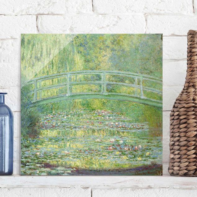 Glasbild - Kunstdruck Claude Monet - Seerosenteich und japanische Brücke - Impressionismus Quadrat 1:1