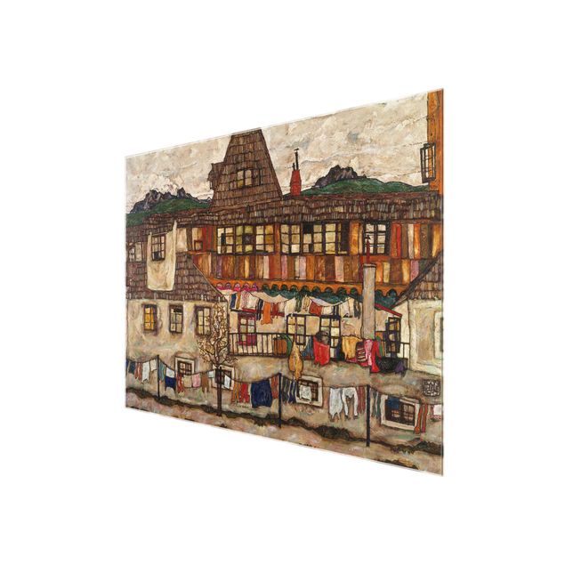 Glasbild - Kunstdruck Egon Schiele - Häuser mit trocknender Wäsche - Quer 4:3