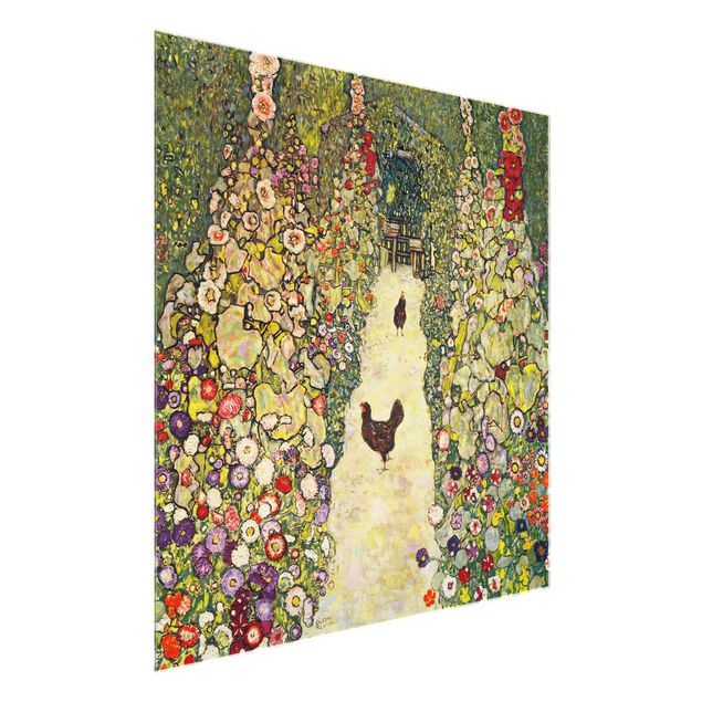 Glasbilder Blumen Gustav Klimt - Gartenweg mit Hühnern