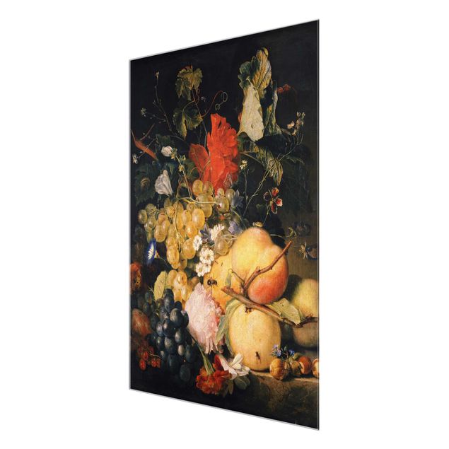 Glasbild - Kunstdruck Jan van Huysum - Früchte, Blumen und Insekten - Hoch 3:4