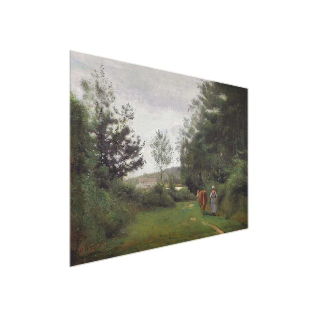 Glas Wandbilder Jean-Baptiste Camille Corot - Bäuerin mit einer Kuh