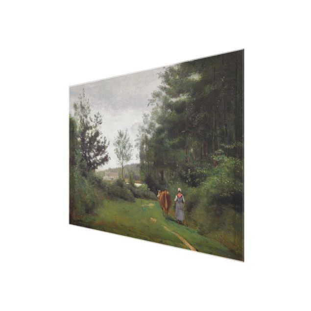 Glasbild - Kunstdruck Jean-Baptiste Camille Corot - Ville d'Avray, Bäuerin mit einer Kuh - Quer 4:3