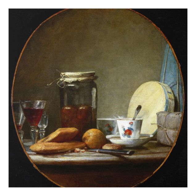 Glasbild - Kunstdruck Jean-Baptiste Siméon Chardin - Glas mit Aprikosen - Quadrat 1:1
