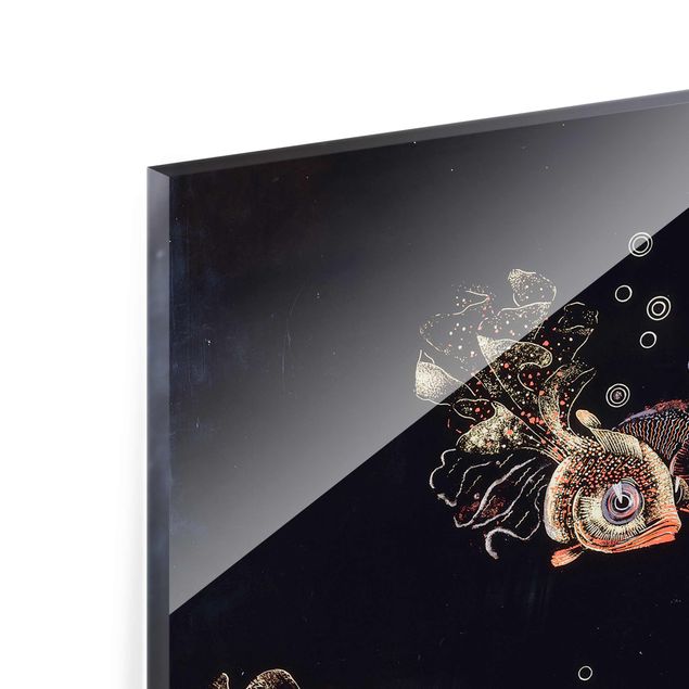 Glasbild - Kunstdruck Jean Dunand - Unterwasser-Szene mit rotem und goldenem Fisch, Luftblasen ausstoßend - Hoch 3:4