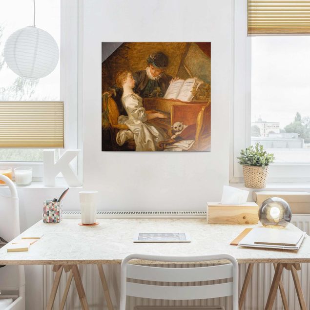Glasbild - Kunstdruck Jean Honoré Fragonard - Die Klavierstunde - Quadrat 1:1
