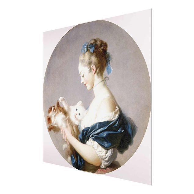 Glasbild - Kunstdruck Jean Honoré Fragonard - Mädchen mit einem Hund und einer Katze spielend - Quadrat 1:1