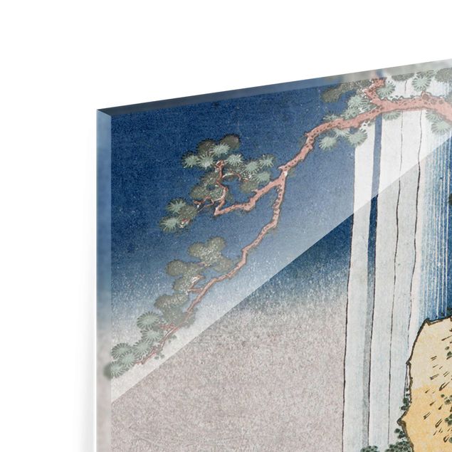 Glasbild - Kunstdruck Katsushika Hokusai - Der Dichter Rihaku (Li Bai) versunken angesichts der Erhabenheit des großen Wasserfalls am Berg Lu - Panorama Hoch