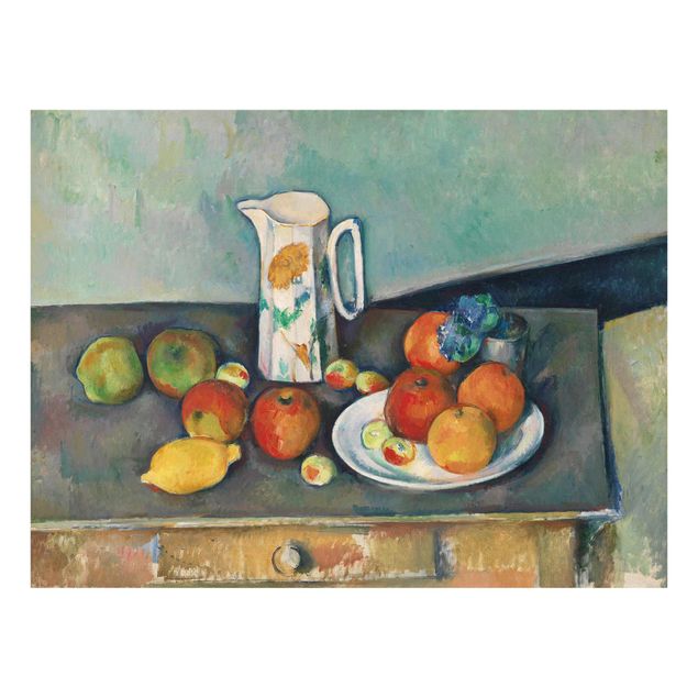 Glasbild - Kunstdruck Paul Cézanne - Stillleben mit Milchkrug und Früchten auf einem Tisch - Impressionismus Quer 4:3