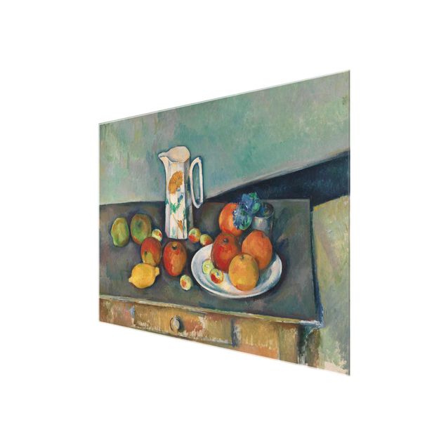 Glasbild - Kunstdruck Paul Cézanne - Stillleben mit Früchten vor einem blumengemusterten Vorhang - Impressionismus Quer 4:3
