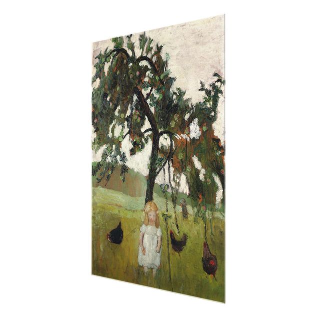 Glasbild - Kunstdruck Paula Modersohn-Becker - Elsbeth mit Hühnern unter Apfelbaum - Hoch 3:4