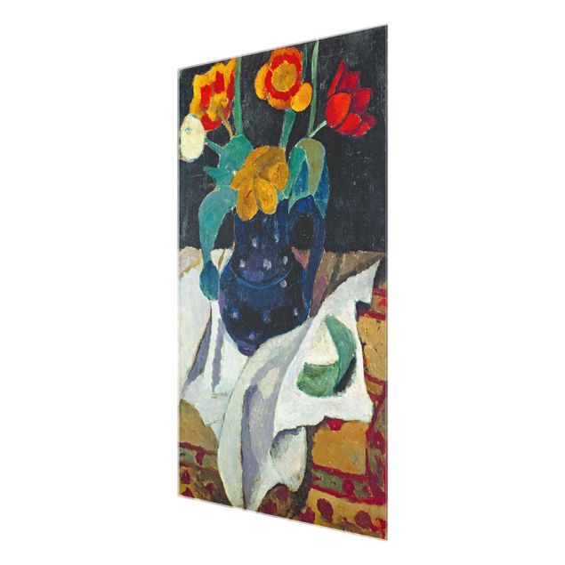 Glasbild - Kunstdruck Paula Modersohn-Becker - Stillleben mit Tulpen in blauem Topf - Hoch 2:3