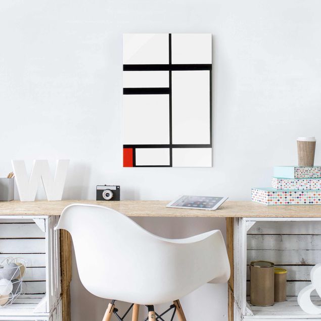 Glasbilder Schwarz-Weiß Piet Mondrian - Komposition Rot Schwarz Weiß