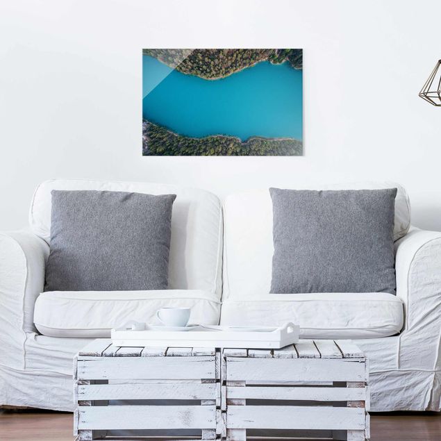 Wandbilder Glas Natur Luftbild - Tiefblauer See