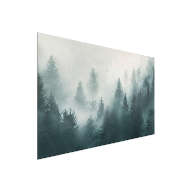 Glas Wandbilder Nadelwald im Nebel