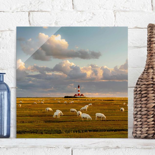 XXL Glasbilder Nordsee Leuchtturm mit Schafsherde