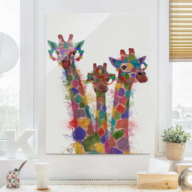 Glasbilder Tiere Regenbogen Splash Giraffen-Trio