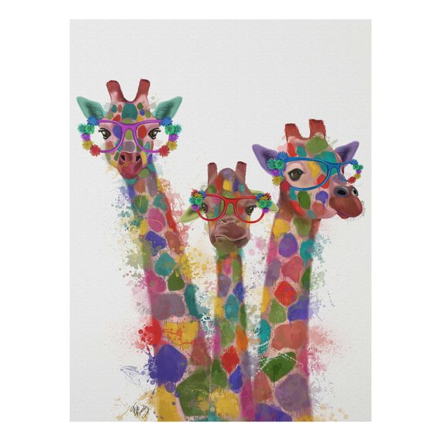 Glasbild - Regenbogen Splash Giraffen-Trio - Hochformat 4:3