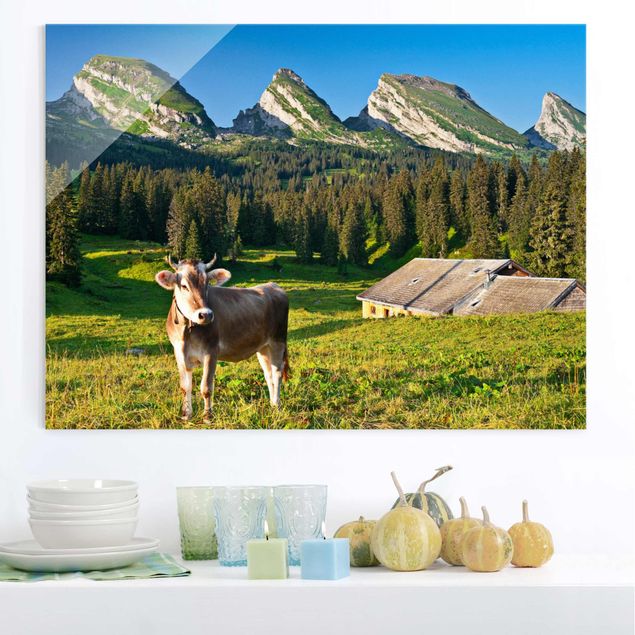Glas Wandbilder XXL Schweizer Almwiese mit Kuh