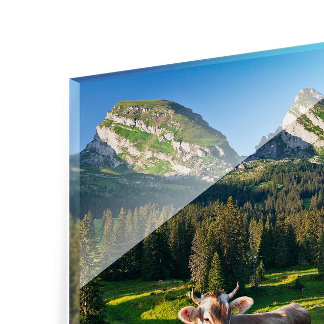 Glasbild - Schweizer Almwiese mit Kuh - Quer 4:3