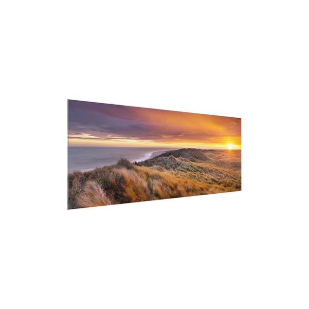 Glasbild - Sonnenaufgang am Strand auf Sylt - Panorama Quer