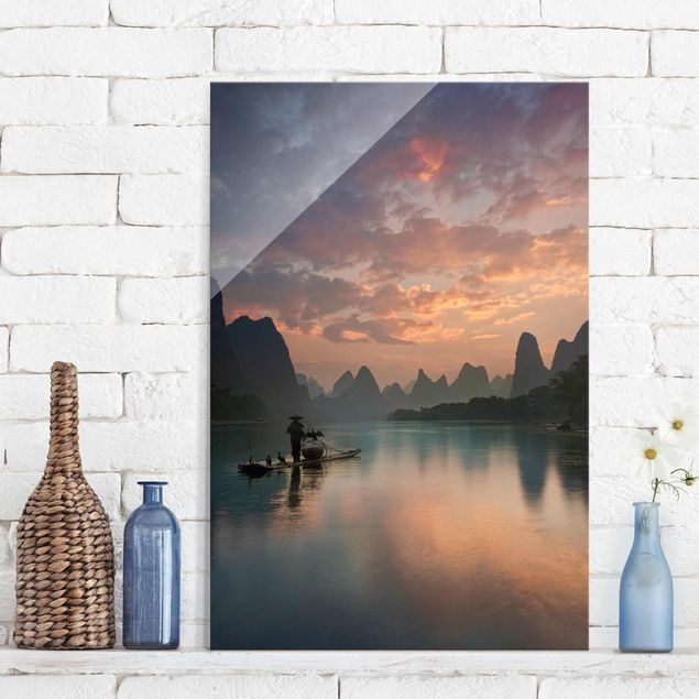 Glas Wandbilder XXL Sonnenaufgang über chinesischem Fluss