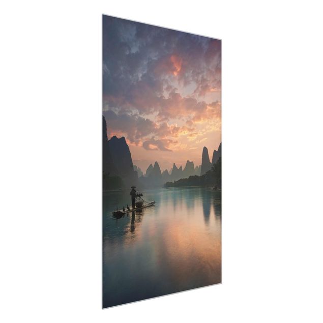 Glas Wandbilder Sonnenaufgang über chinesischem Fluss