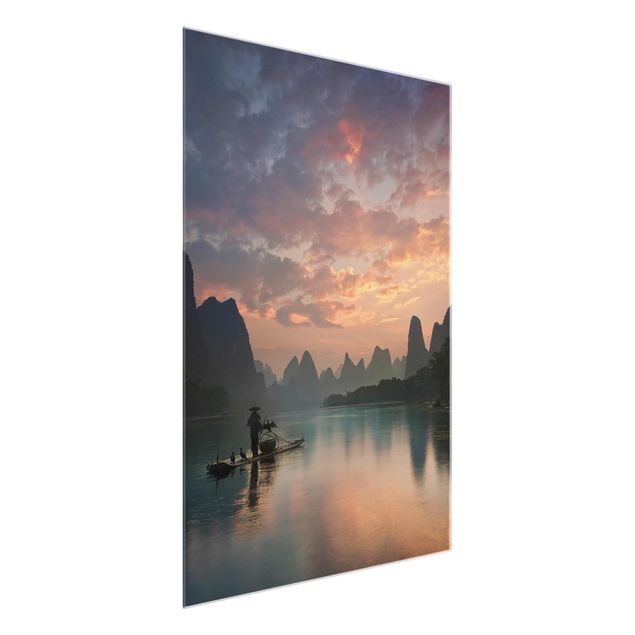 Glasbilder Sonnenaufgang über chinesischem Fluss