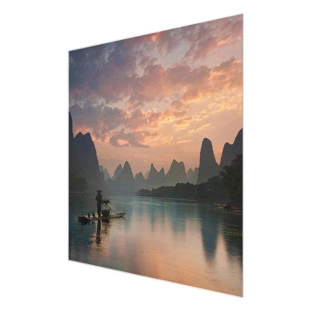 Glasbild - Sonnenaufgang über chinesischem Fluss - Quadrat 1:1
