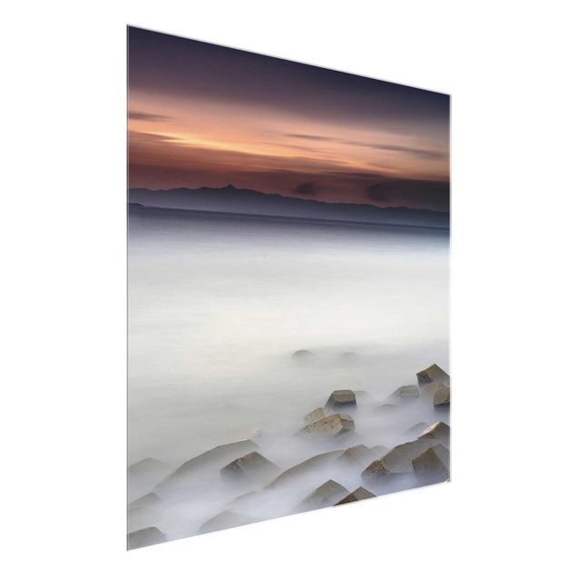 Bilder auf Glas Sonnenuntergang im Nebel