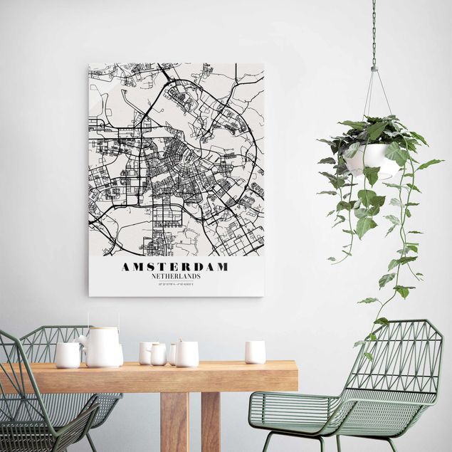 Glasbild schwarz-weiß Stadtplan Amsterdam - Klassik