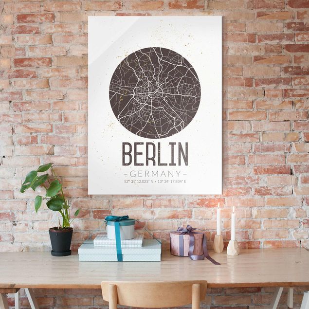 Glasbilder Schwarz-Weiß Stadtplan Berlin - Retro