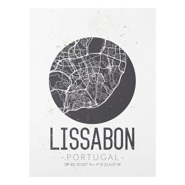 Glas Wandbilder Stadtplan Lissabon - Retro