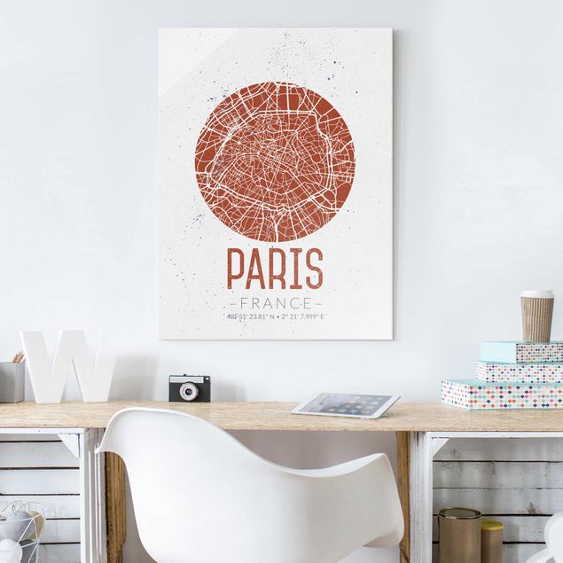 Glasbild schwarz-weiß Stadtplan Paris - Retro