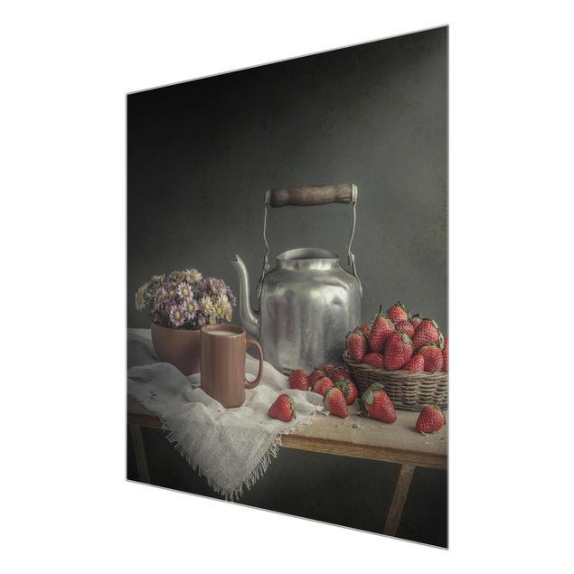 Glasbild - Stillleben mit Erdbeeren - Quadrat 1:1