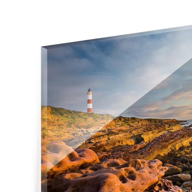 Glasbild Meerblick - Tarbat Ness Leuchtturm und Sonnenuntergang am Meer - Meerbild Quer 3:2