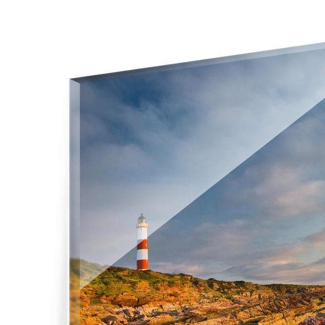 Glasbild - Tarbat Ness Leuchtturm und Sonnenuntergang am Meer - Quadrat 1:1