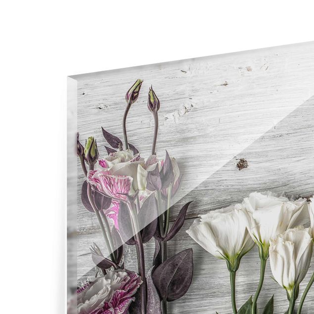 Glasbild - Tulpen-Rose Shabby Holzoptik - Panorama Quer
