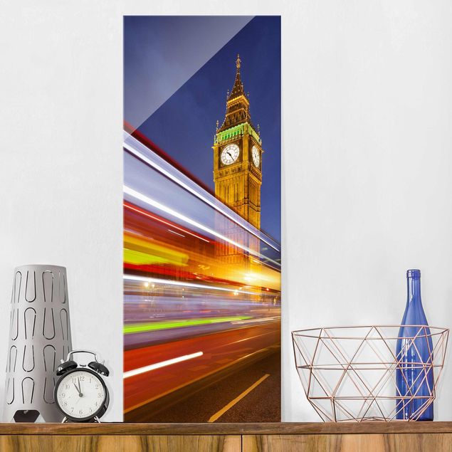 Glas Wandbilder XXL Verkehr In London am Big Ben bei Nacht