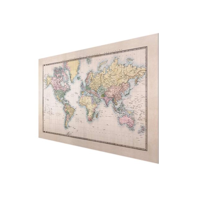 Glasbild - Vintage Weltkarte um 1850 - Quer 3:2