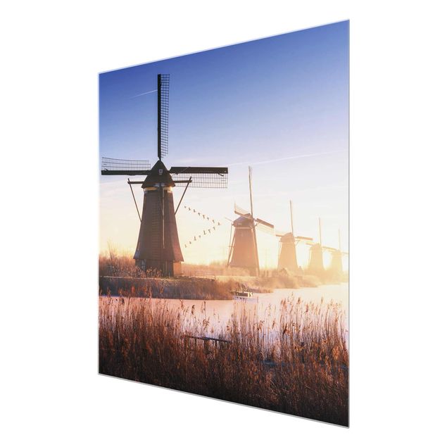 Glasbild - Windmühlen von Kinderdijk - Quadrat 1:1