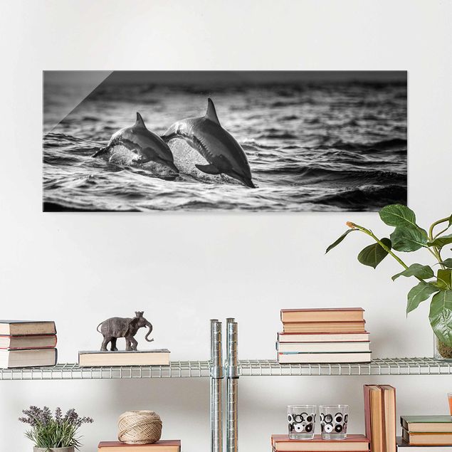 Glas Wandbilder XXL Zwei springende Delfine