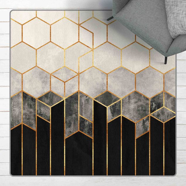 Teppich abstrakt Goldene Sechsecke Schwarz Weiß