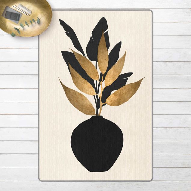teppich mit blumenmuster Grafische Pflanzenwelt - Gold und Schwarz