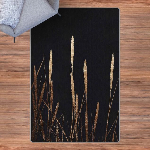 Teppich schwarz Grafische Pflanzenwelt - Goldenes Schilf