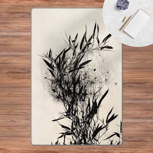 teppich mit blumenmuster Grafische Pflanzenwelt - Schwarzer Bambus