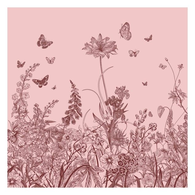 selbstklebende Tapete Große Blumen mit Schmetterlingen auf Rosa