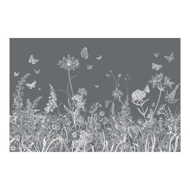 Tapeten Große Blumen mit Schmetterlingen in Grau
