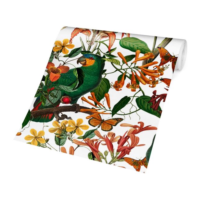 Design Tapeten Grüne Papageien mit tropischen Schmetterlingen